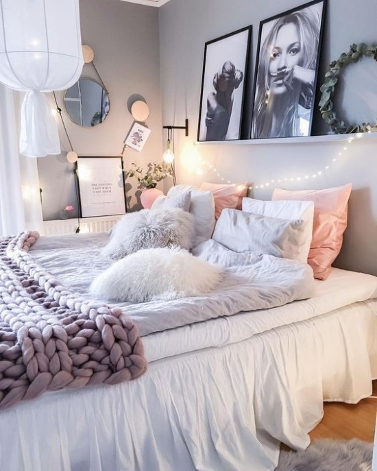 Romantyczna aranżacja sypialni z girlandą świetlną