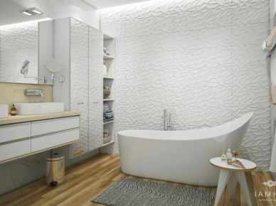 Strukturalne białe ściany, wolnostojąca wanna i nowoczesne szafki w łazience (26896)