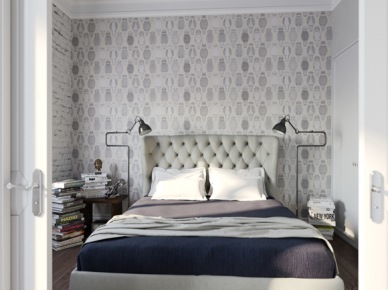 Graficzna tapeta na ścianie w sypialni z pikowanym łóżkiem (20862)