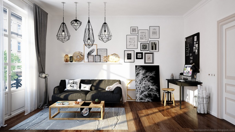 Monochromatyczny salon z domowym gabinetem w stylu skandynawskim
