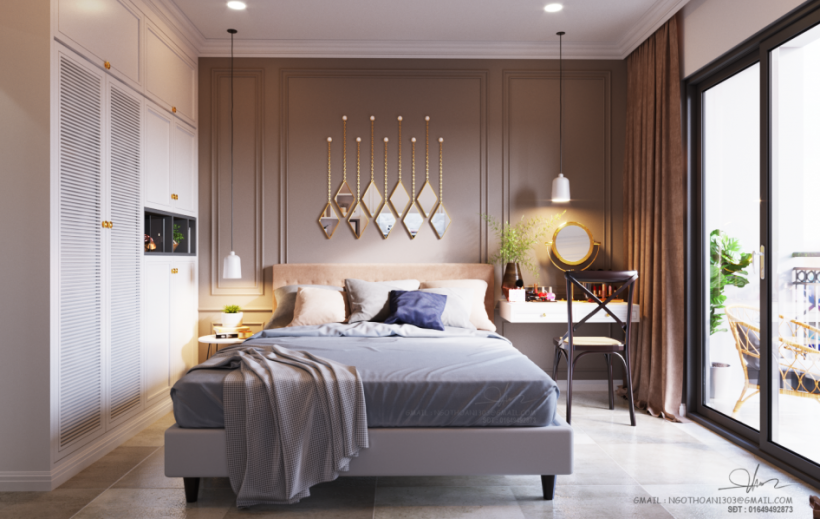 Efektowna dekoracja ze złotych luster w aranżacji sypialni