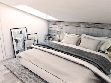 Sypialnię na poddaszu urządzono w całości w szarym kolorze. Największe wrażenie może sprawiać niska ściana za łóżkiem,...
