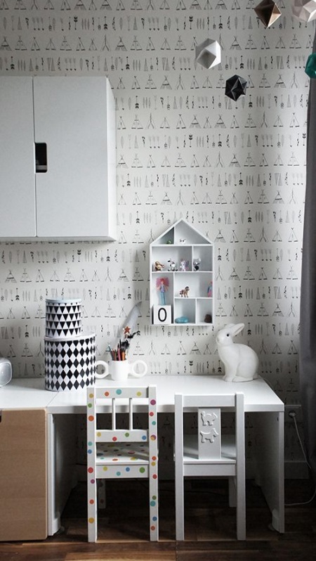 Graficzne tapety na ścianie w pokoju dziecięcym,białe biurko i szafka wisząca,białe krzesełko dziecięce ponmalowane w kolorowe kropki