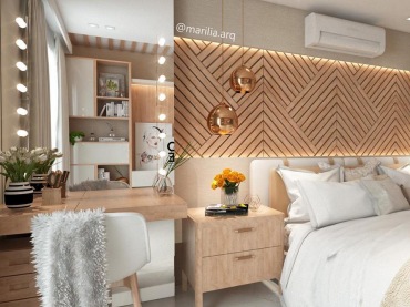Aranżacja oryginalnej sypialni w drewnie z efektowną toaletką (54711)
