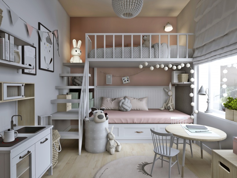 Mały pokój dziecięcy z piętrowym łóżkiem i dekoracjami świetlnymi