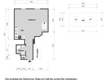 Plan otwartej zabudowy mieszkania z antresolą o powierzchni 36 m2 (23227)