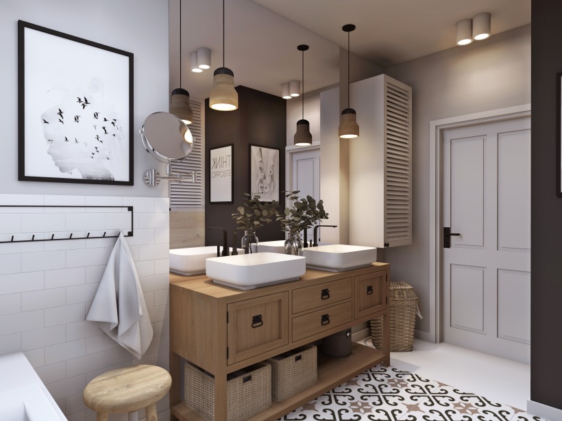 Projekt łazienki z dużym lustrem i drewnianą szafką z umywalkami
