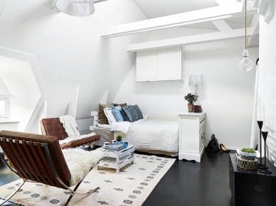 Salon z sypialnią w aranżacji małego mieszkania na poddaszu (22940)