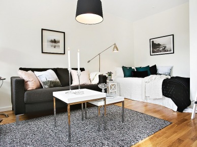 Grafitowa sofa,stoliki z tacą,szary dywan w aranzacji salonu z sypialnią (23546)