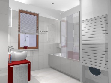Biała łazienka z czerwoną szafką pod umywalką,pralka z żaluzjową osłoną we wnęce (26014)