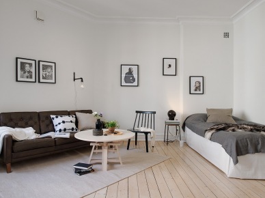 Brązowa sofa,w salonie z łóżkiem  w biało-szarych kolorach (22611)