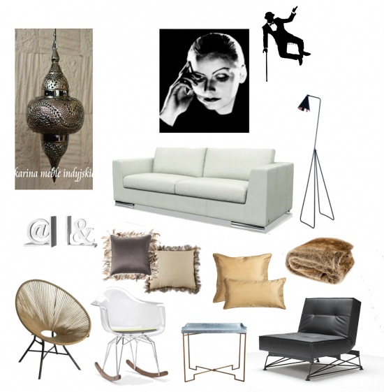 Marokańska lampa,marokański lampion,fotografia Greta Garbo,naklejka czarno-białą,nowoczesna sofa,czarna lampa podłogowa,nowoczesna lampa stojąca,podpórki na książki,poduszki z piórkami,futrzany pled,brązowy koc,nowoczesne fotele,krzesło n