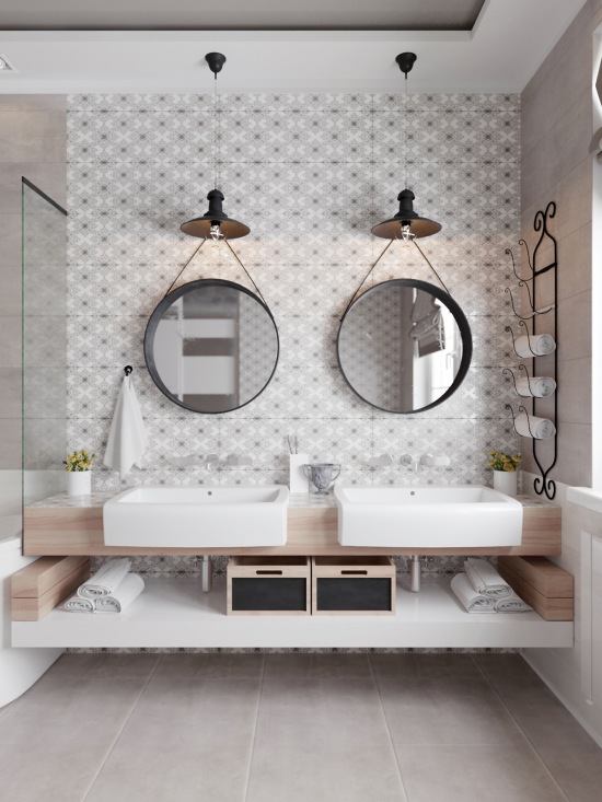 Symetryczna aranżacja łazienki z dwoma umywalkami