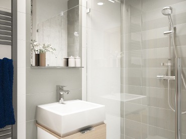 Paktyczna mała łazienka z głęboka prostokatną umywalką,kabiną z natryskiem w biało-szarym kolorze (26030)