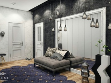 Fioletowy nowoczesny dywan,czarna ściana z lustrami,nowoczesne lampki wiszące i szara pikowana ławka w nowoczesnym przedpokoju (26885)