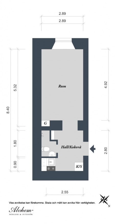 Plan jednopokojowego mieszkania o powierzchni 24 m2