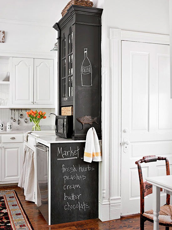 Czarna farba tablicowa na szafkach kuchennych w białej kuchni ze stylowymi krzesłami