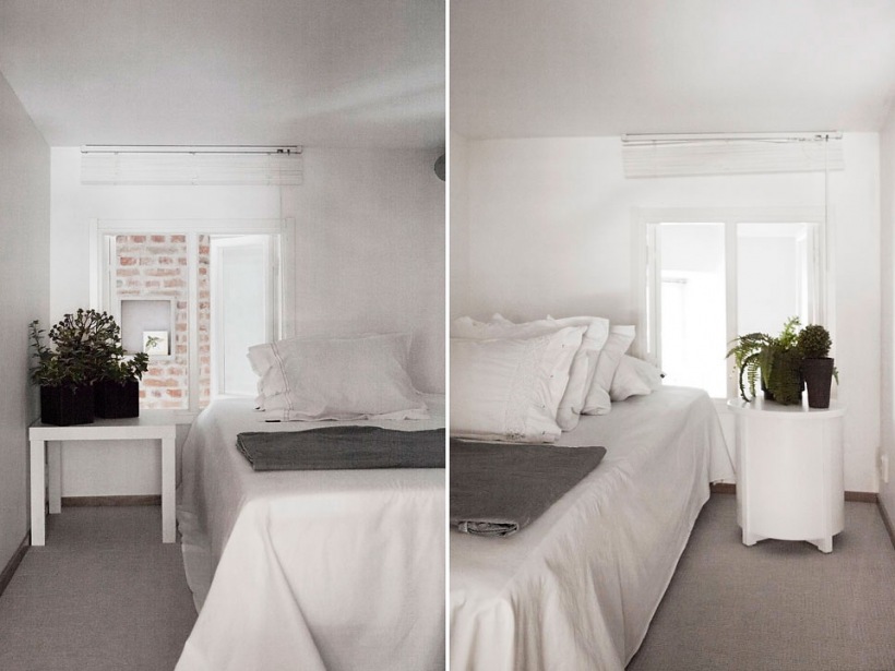 Biała sypialnia na antresoli z wewnętrznym oknem w wysokim mieszkaniu