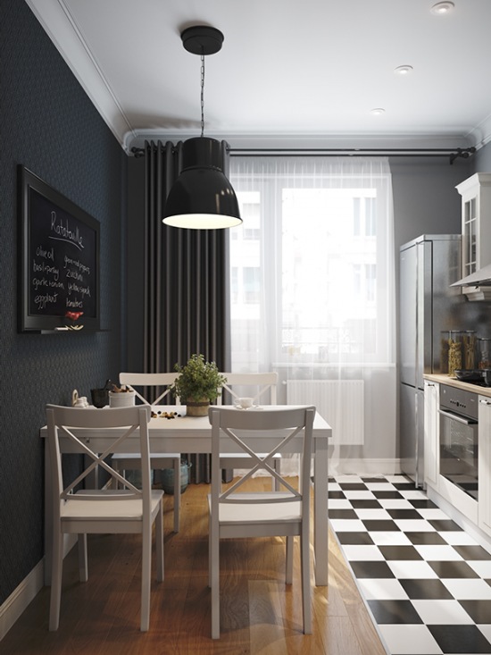 Czarna ściana w kuchni,biały stół z krzesłami w skandynawskiej kuchni z podłogą w szachownicę,skandynawska kuchnia, czarno-białe płytki w kuchni,czarno-biała szachownica na podłodze w kuchni,szachownica na podłodze we wnętrzach,podłoga