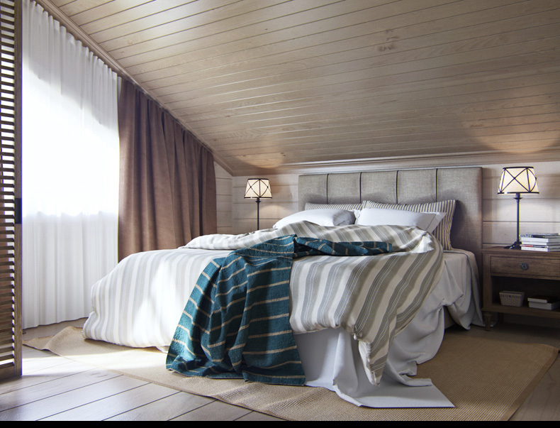 Sypialnia na poddaszu urządzonym w drewnie