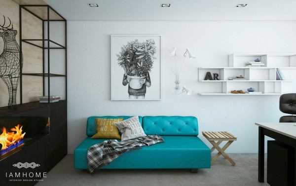Turkusowa sofa nowoczesna,białe kubikowe półki na ścianie,czarna zabudowa nowoczesnego kominka i nowoczesne grafiki w salonie