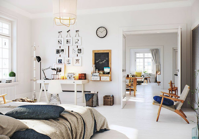 Kącik biurowy w sypialni w stylu skandynawskim