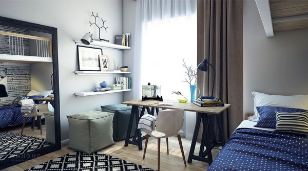 Skandynawskie biurko na drewnianych kozłach,kwadratowe pufy,półki  białe na ścianie i stojące prostokatne lustro w sypialni