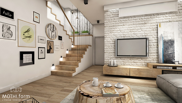 Białe cegły na ścianie telewizyjnej i drewniane schody w salonie