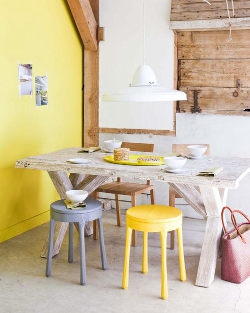 Żółta ściana i taboret w aranżacji skandynaskiej kuchni z drewnianą ścianą i belkami