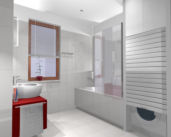 Biała łazienka z czerwoną szafką pod umywalką,pralka z żaluzjową osłoną we wnęce