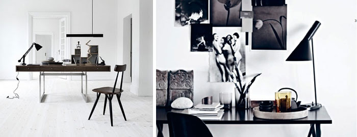 Pokój z biurkiem w biało-czarnym kolorze