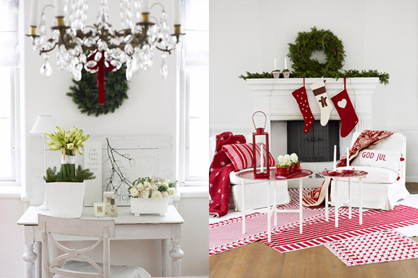 Białe meble w świątecznej dekoracji w salonie z kominkiem