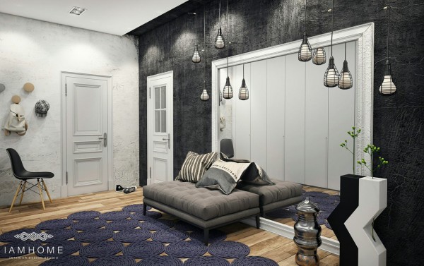 Fioletowy nowoczesny dywan,czarna ściana z lustrami,nowoczesne lampki wiszące i szara pikowana ławka w nowoczesnym przedpokoju