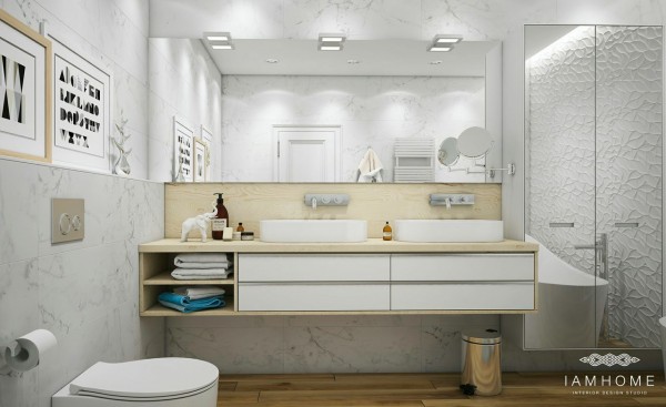Lustrzane ściany i szafki w łazience,strukturalne ściany i wiszące szafki z umywalkami