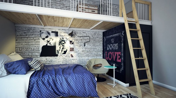Pomysł na piętrową zabudowę łóżka w sypialni ze ścianą z białej cegły i farbą tablicową