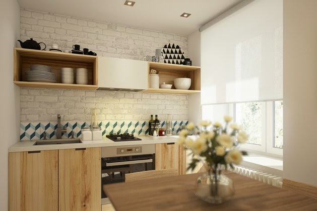 Biała cegła na ścianie w kuchni z meblami z drewnianej sklejki