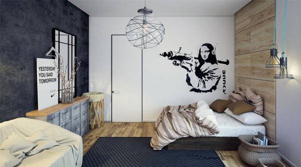 Drewniane panele na ścianie, naklejka biało-czarna i betonowa struktura na ścianie w sypialni