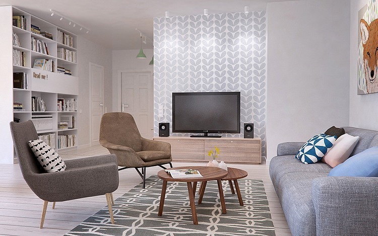 Szara sofa nowoczesna,białoszara tapeta w stylu skandynawskim,bezowe fotele i biało-szary dywan