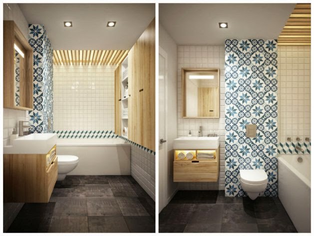 Betonowe płytki na posadzce,biało-niebieska glazura hiszpańska,drewniana sklejka na ścianie i zabudowie umywalki w łazience