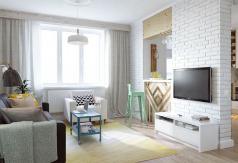 Znakomity pomysł na aranżację małego mieszkania o powierzchni 45 m2 - prosty, kreatywny i pastelowy. ()