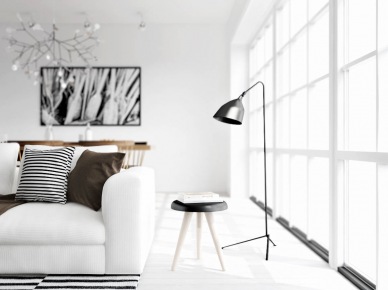 Nowoczesna lampa krzak,srebrna lampa podłogowa,biała sofa i dywan w czarno-białe paski (24851)