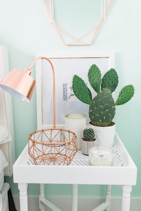 Kaktus i złoty koszyczek jako oryginalne dekoracje w sypialni