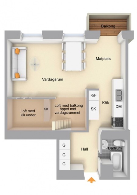 47 m2 -  plan  mieszkania  z antresolą