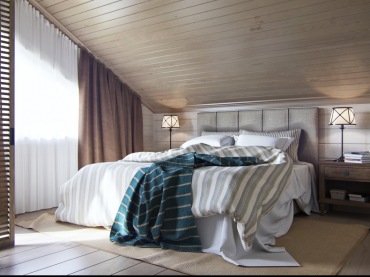 Na poddaszu, niemal w całości urządzonym w drewnie, zorganizowano sypialnię. Deski na suficie, ścianach oraz podłodze...