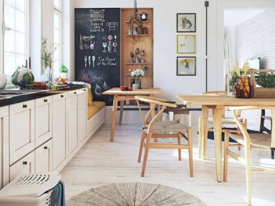 Tablicowa farba na ścianie w kuchni,drewniany panel z półkami na scianie,drewniany stół,gięte drewniane krzesła w stylu skandynawskim (48107)
