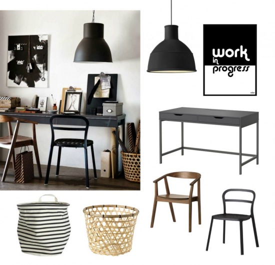 Domowe biuro w czarnych kolorach,aranżacja domowego biura w stylu industrialnym,kącik biurowy w czarnych kolorach,czarne biurko z szufladami,czarne metalowe krzesło biurkowe,drewniane giete krzesło przy biurku,czarne lampy pendant w aranzacji dom