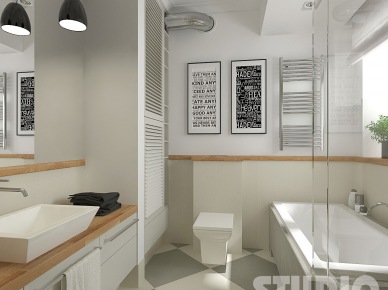 Biało-szara płytka gresowa ułożona w karo,szare szafki z drewnianym blatem i czarne wiszace lampy nad prostokatna umywalką,czarno-białe grafiki na ścianie w łazience (26025)