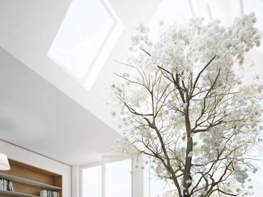 zdumiewająca wizualizacja apartamentu w nowoczesnym stylu wykorzystująca żywe, rosnące drzewko, jako części podstawowej...