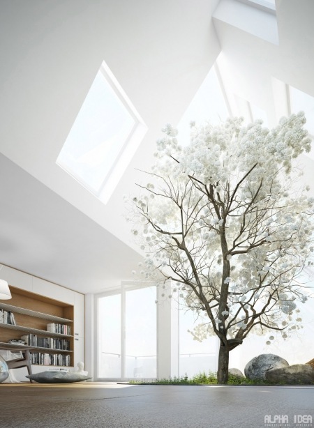 Zdumiewający projekt nowoczesnego apartamentu z rosnącym drzewkiem