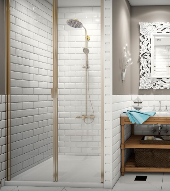 Mała łazienka z kabiną prysznicową w eklektycznej aranżacji  z barokowym lustrem i biała glazurą cegiełką na ścianach